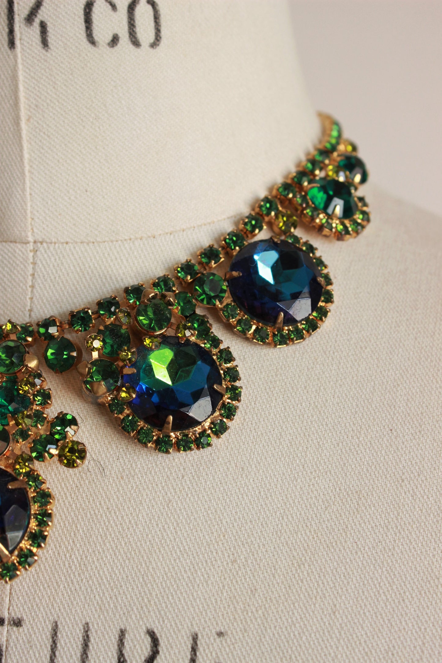 Vintage 1950s Blue and Green Rhinestone Statement Necklace And Earring Set 