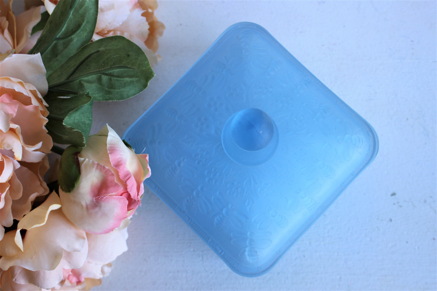 Vintage Frosted Blue Glass Honey Bee Candy Dish