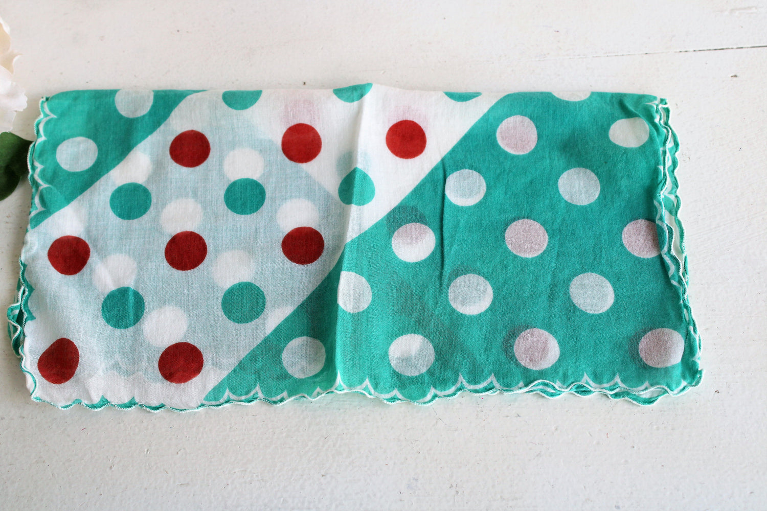 Vintage Polka Dot Cotton Hanky in Teal and Brown