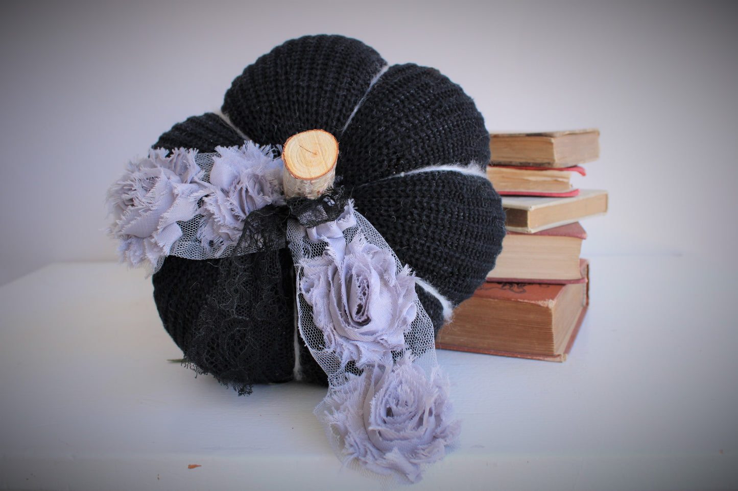 Pumpkin Pillow in Black, Embellished with Gray Roses, Black Lace and Wooden Stem