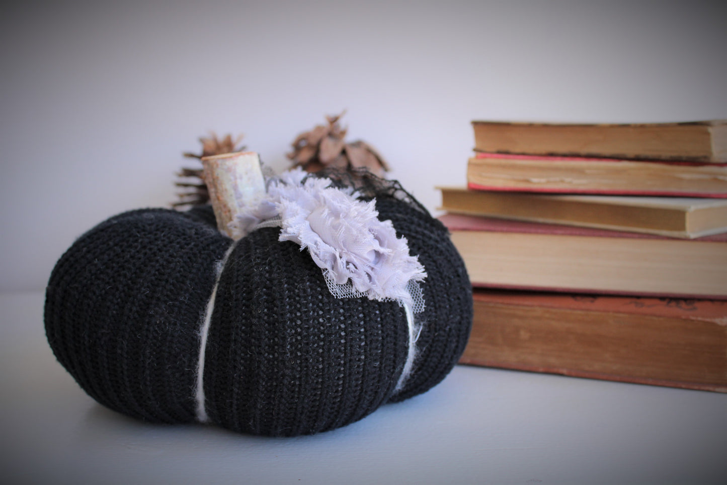 Pumpkin Pillow in Black, Embellished with Gray Roses, Black Lace and Wooden Stem
