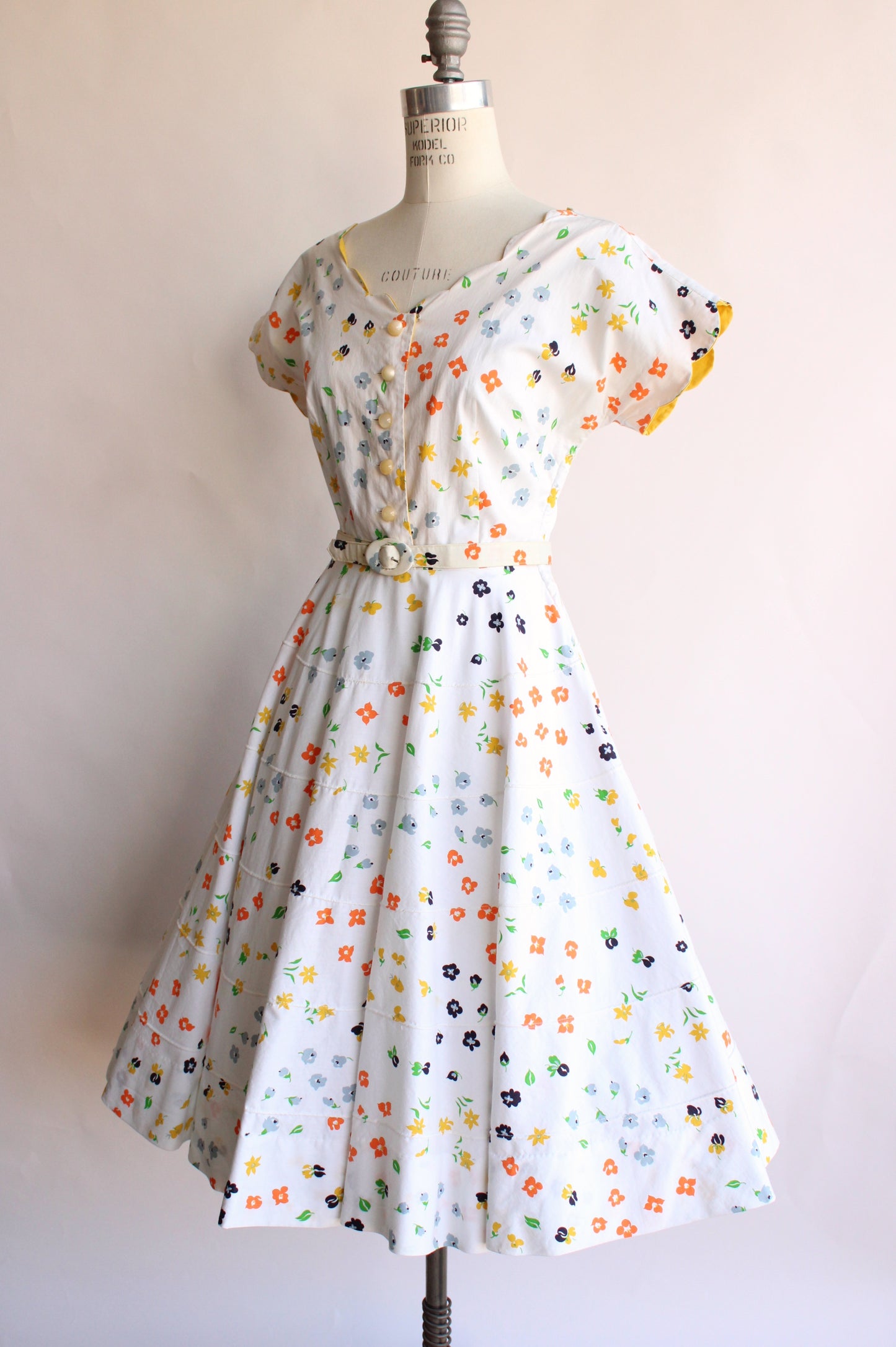 Vintage 1950s Fit and Flare Floral Dress with Belt