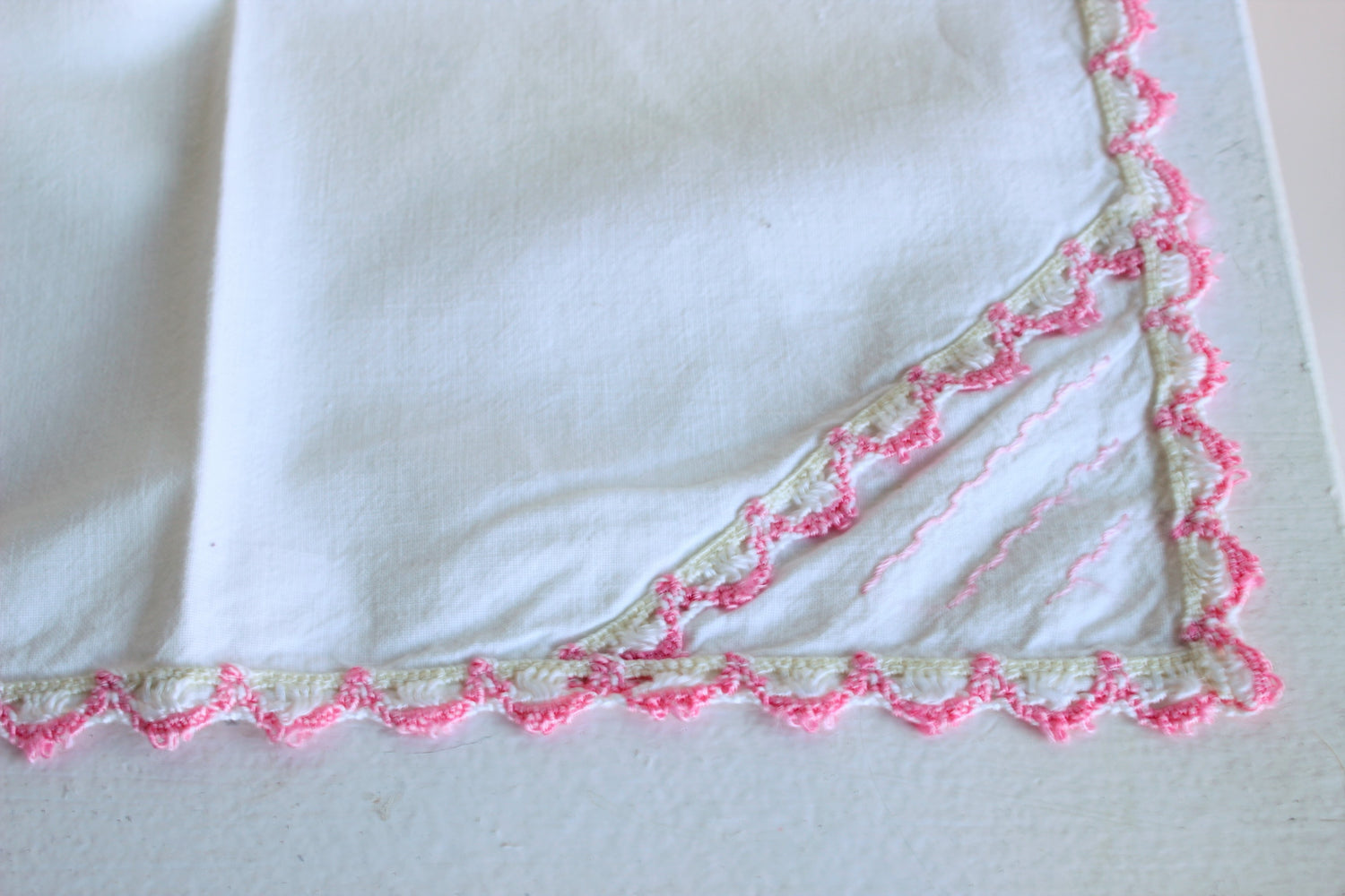 Vintage 1950s Cotton Couch Cover with Pink Lace Trim