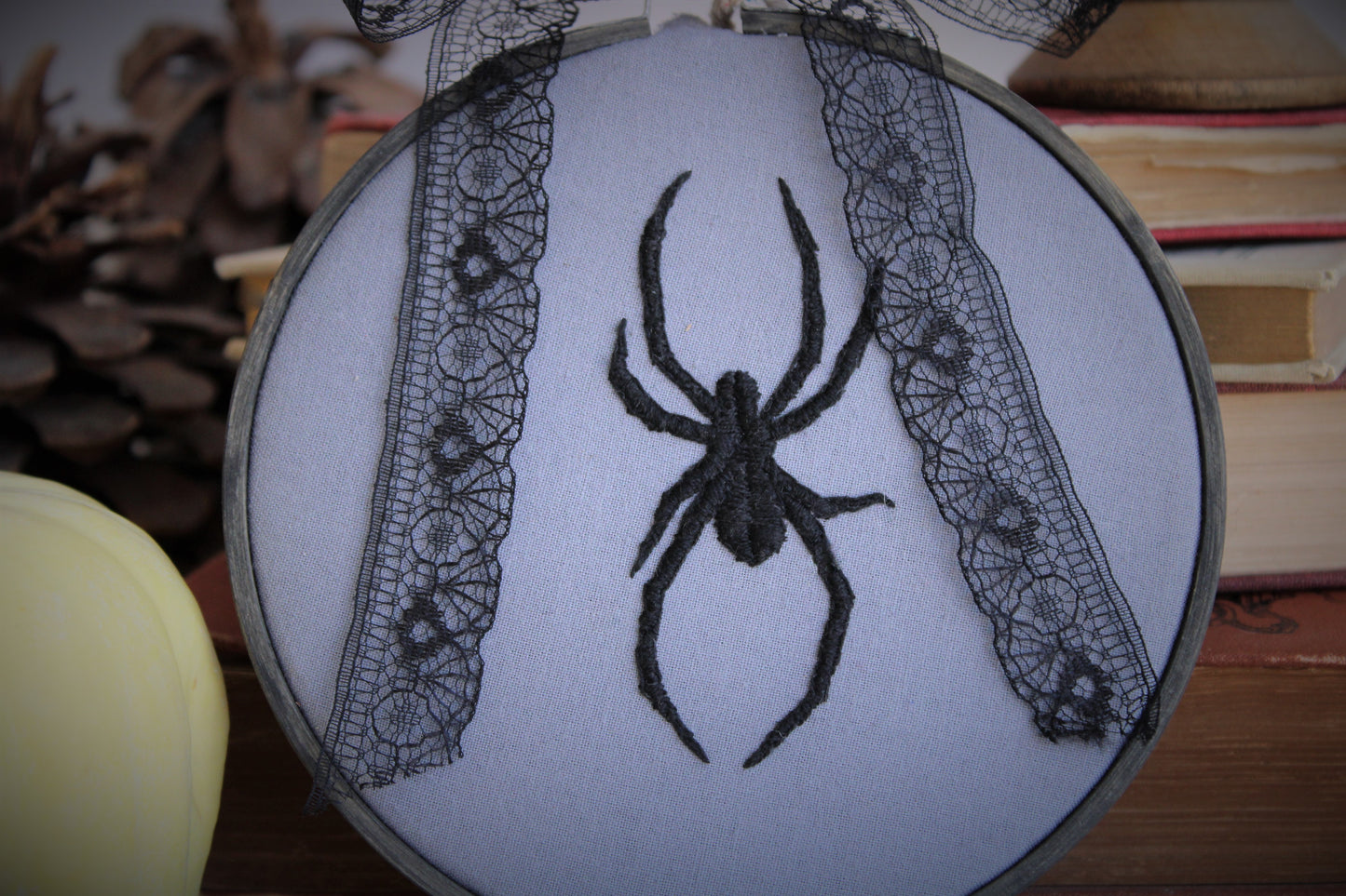 "The Widow" Embroidered Spider Hoop Art