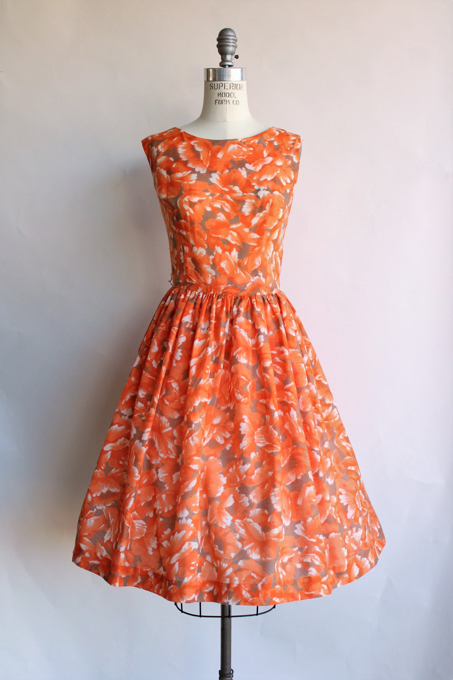 Vintage 1950s 1960s Orange Floral Print Dress