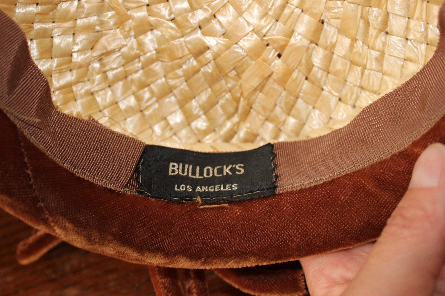 Vintage 1950s Bullock's Los Angeles Straw Hat, Brown Velvet Ribbon Trim-Toadstool Farm Vintage-1950s hat,Boater,Brown Velvet Ribbon,Bullocks Los Angeles,Straw Hat,Vintage,Vintage Clothing,Vintage Hat