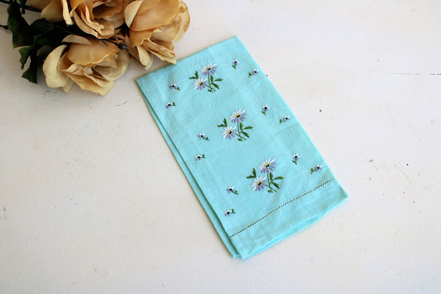 Vintage Robins Egg Blue Embroidered Tea Towel