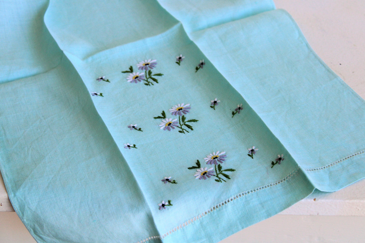 Vintage Robins Egg Blue Embroidered Tea Towel