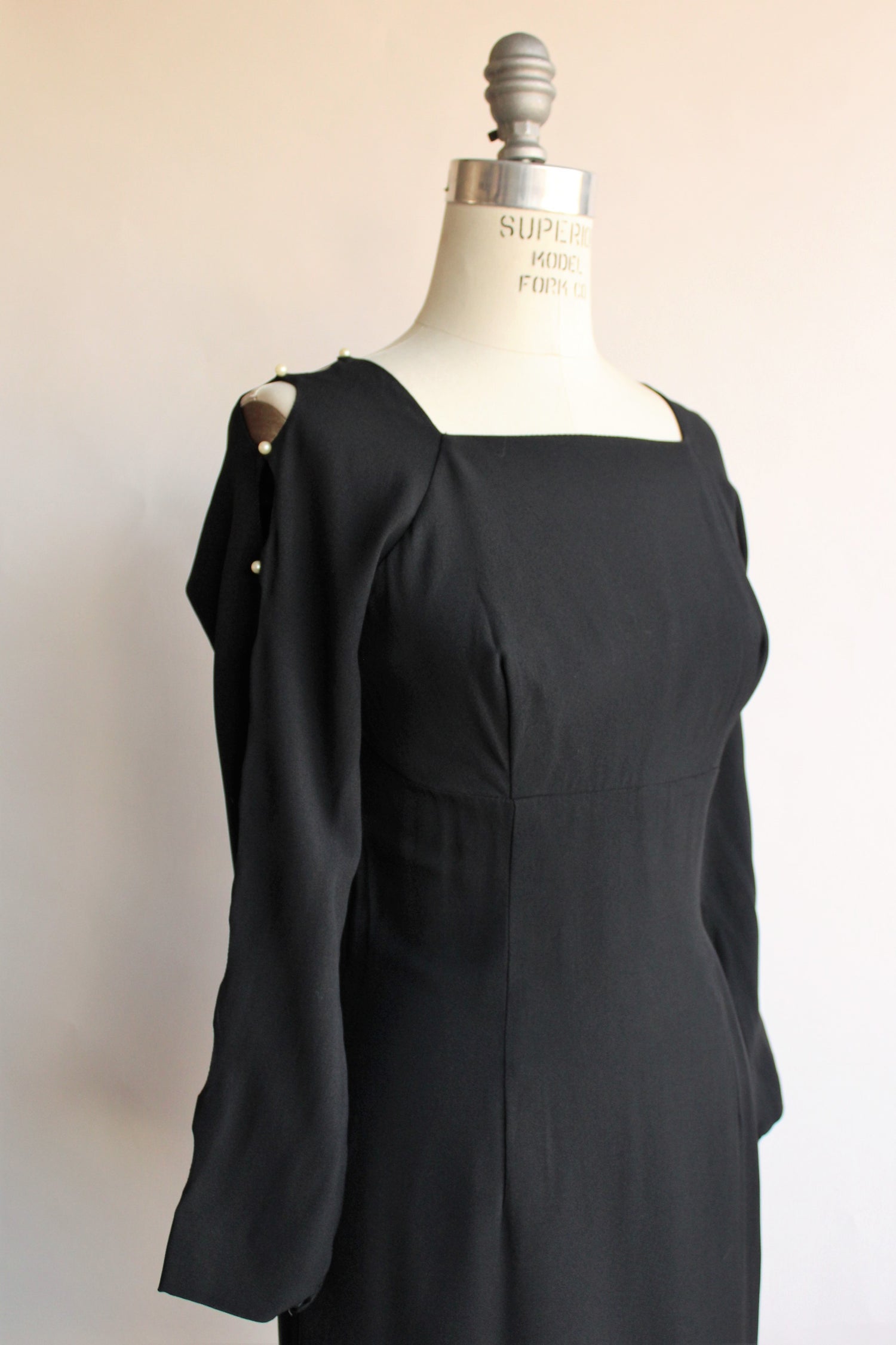 Vintage 1960s Black Dress With Cold Shoulder And Pearl Details