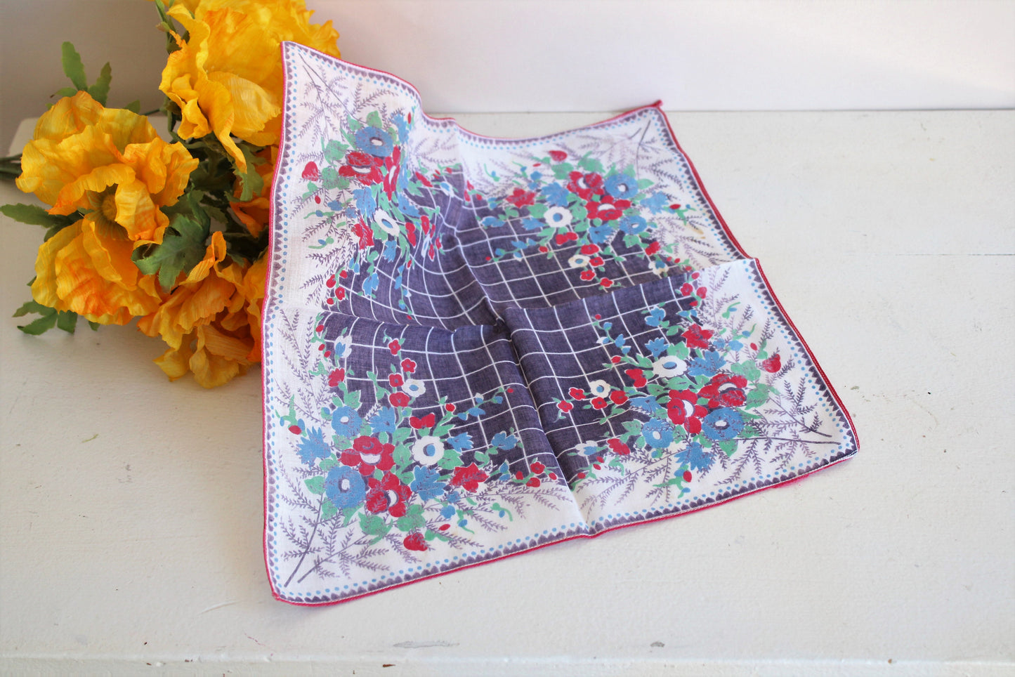 Vintage 1940s Hanky With Windowpane and Floral Print