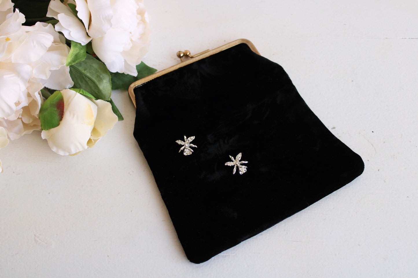 Vintage 1950s Black Velvet Clutch Purse With Rhinestone Flower Brooches And Pink Satin Lining