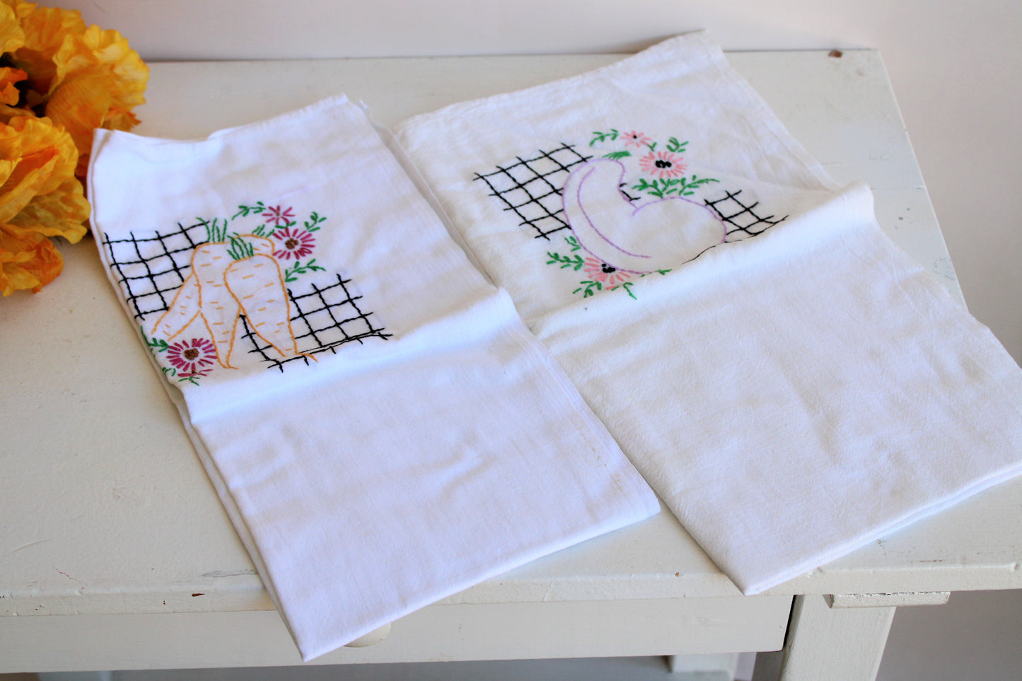 Vintage 1950s Flour Sack Embroidered Towels or Tablecloths
