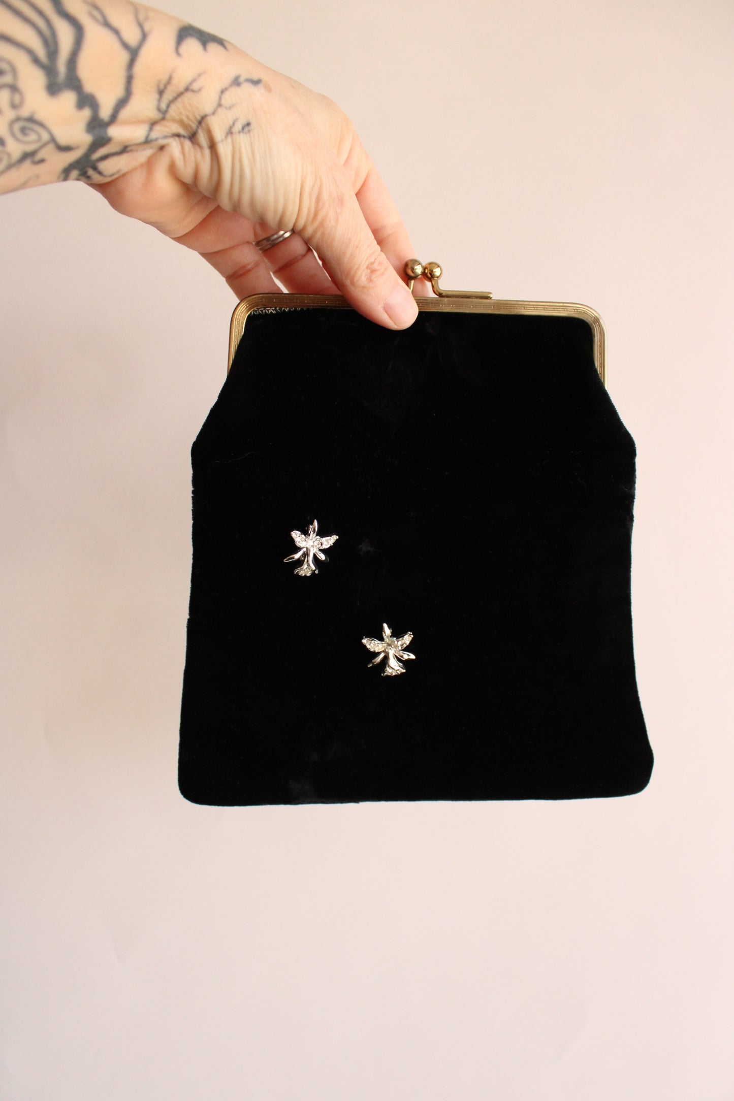 Vintage 1950s Black Velvet Clutch Purse With Rhinestone Flower Brooches And Pink Satin Lining