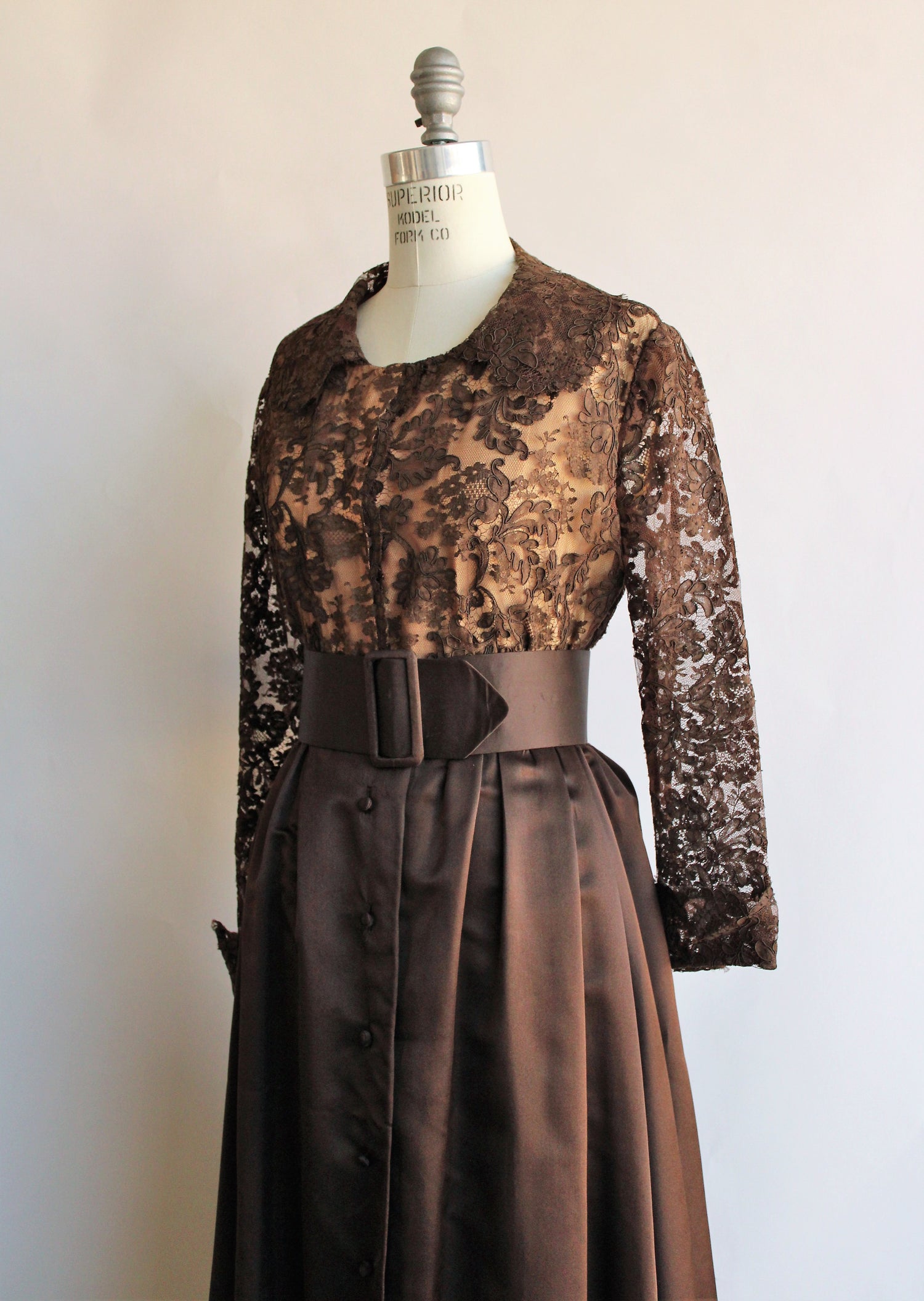 Vintage 1960s Brown Satin And Lace Harold Levine for Al Cooper Full Length Gown