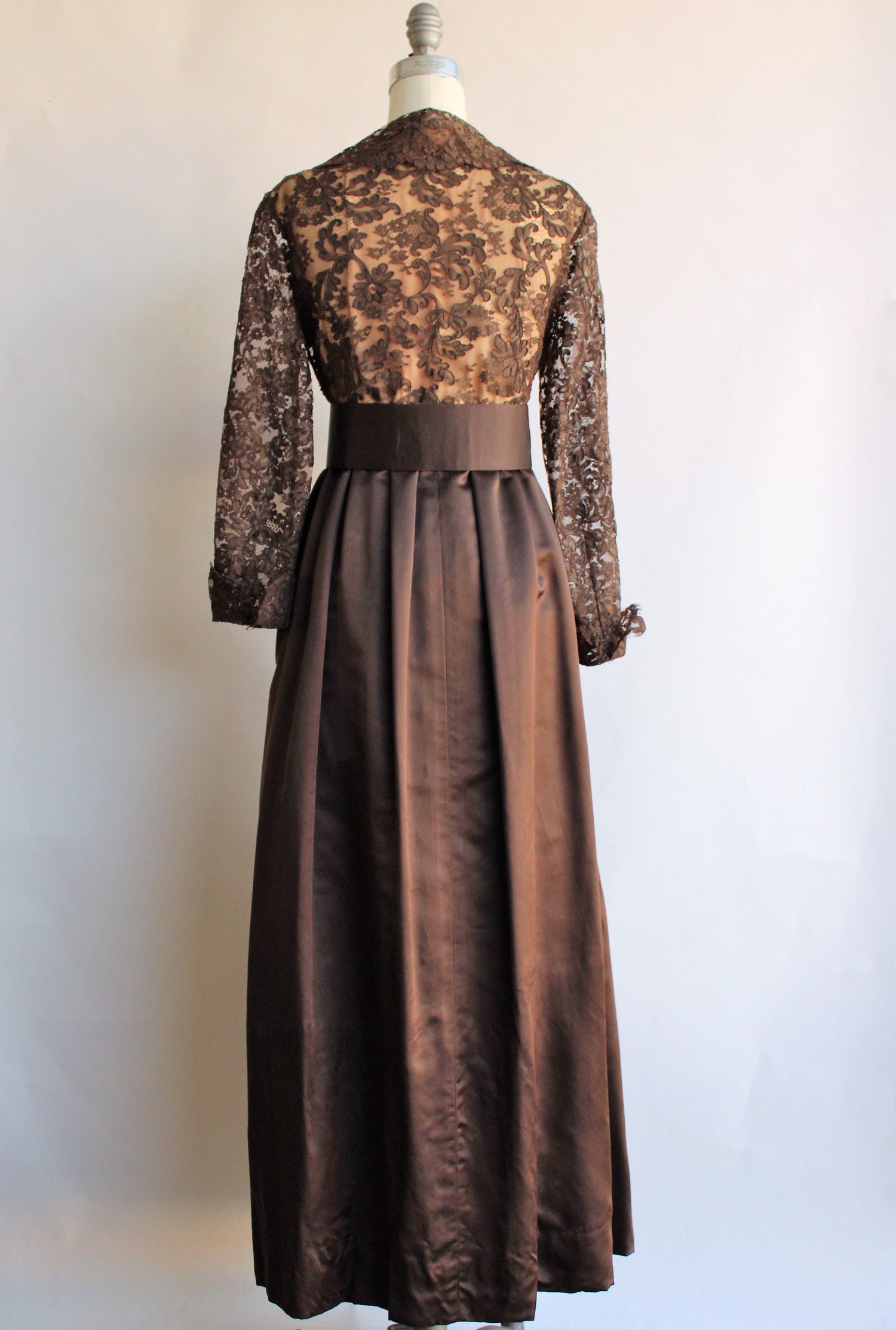 Vintage 1960s Brown Satin And Lace Harold Levine for Al Cooper Full Length Gown