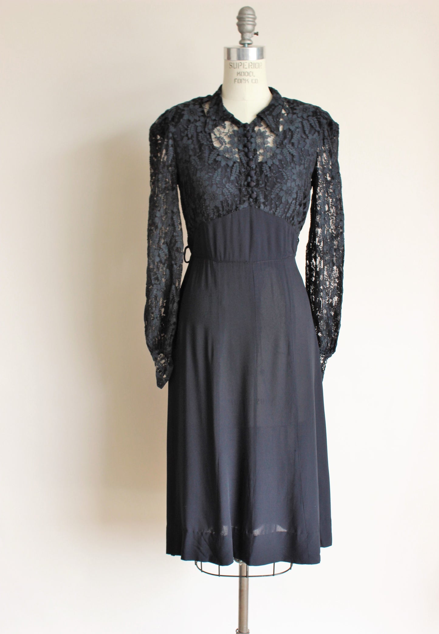Vintage 1940s Black Rayon Dress With Lace Bodice