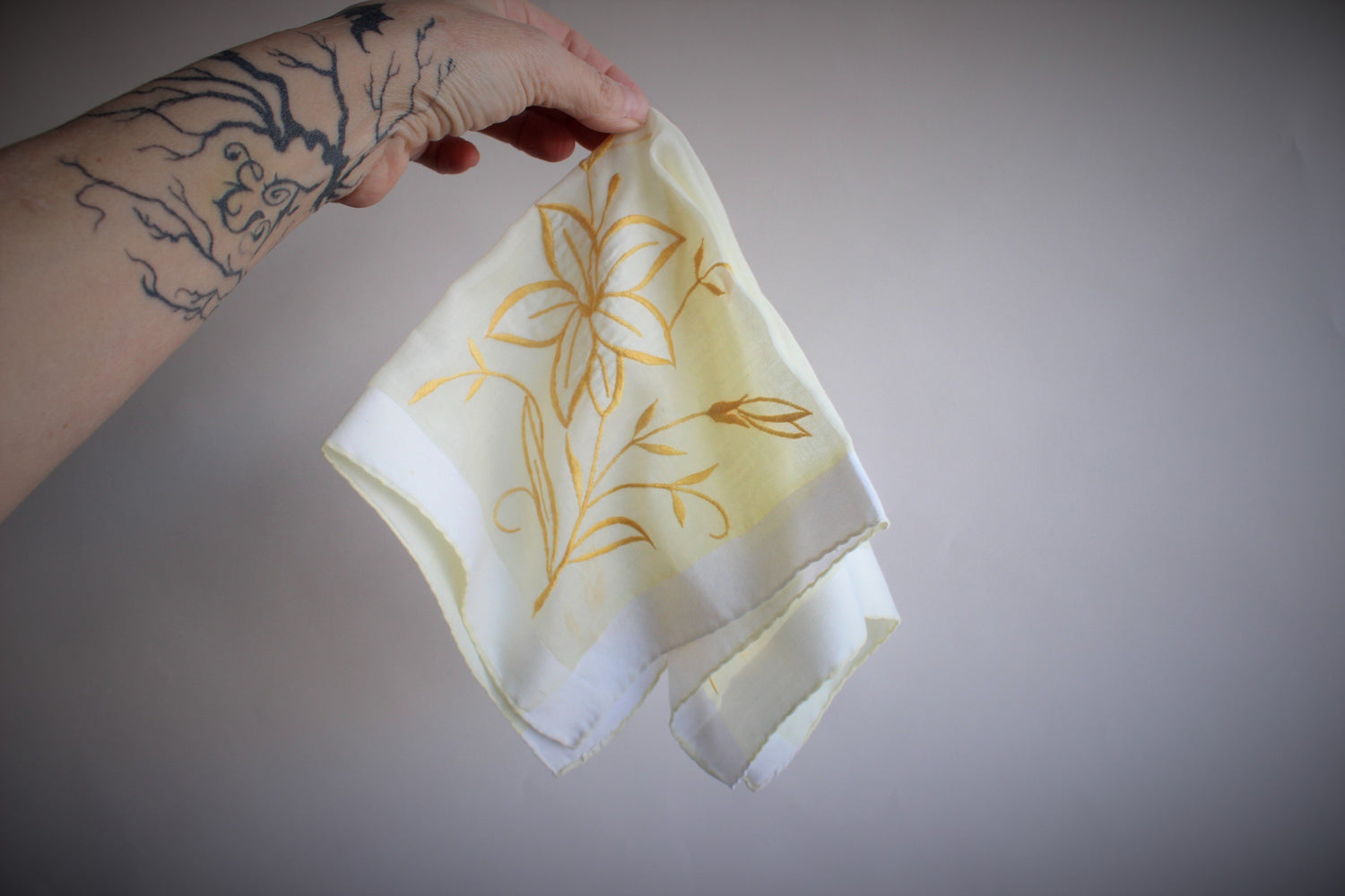 Vintage 1950s Cotton Handkerchief In Yellow with Embroidered Lily
