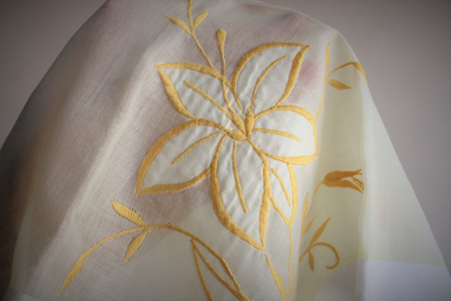 Vintage 1950s Cotton Handkerchief In Yellow with Embroidered Lily