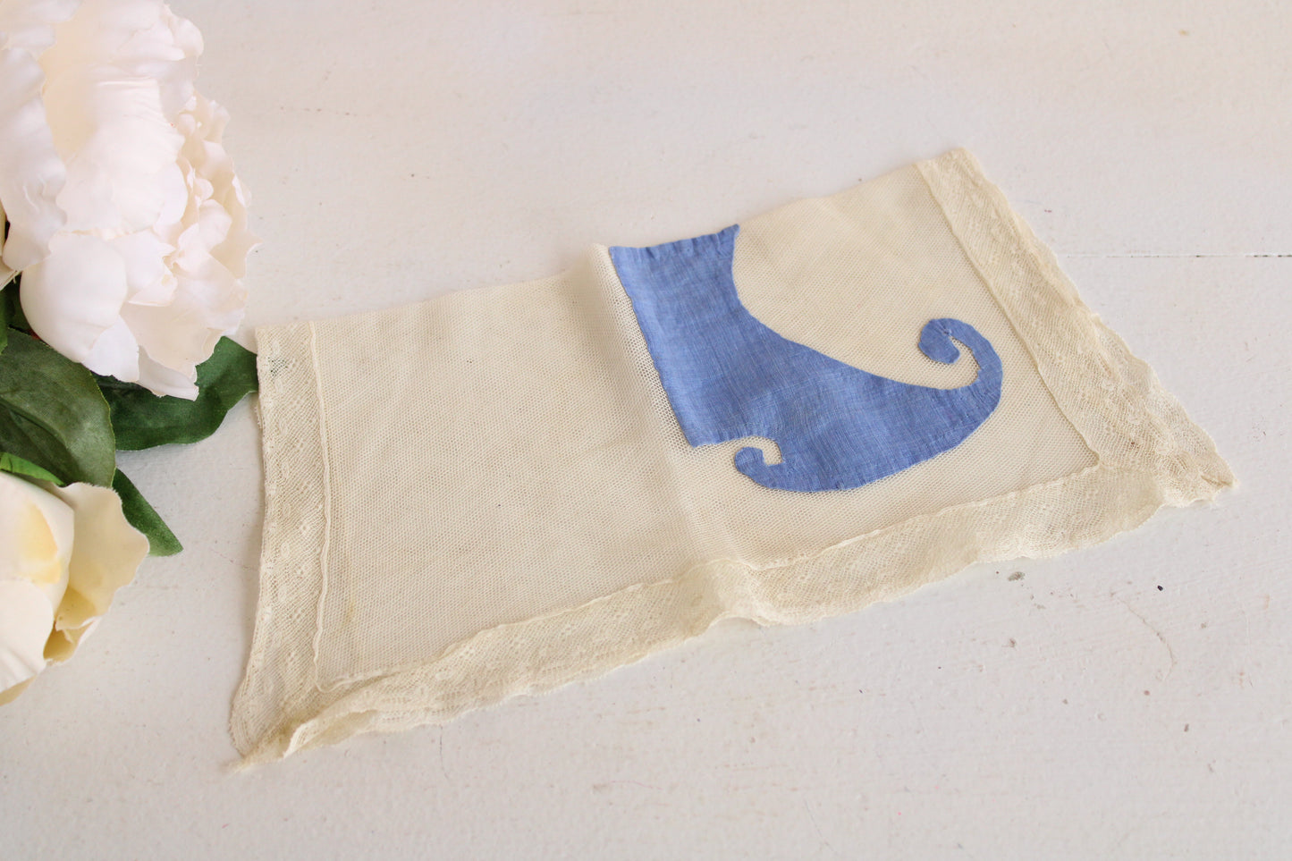 Antique Lace Handkerchief with Blue Applique