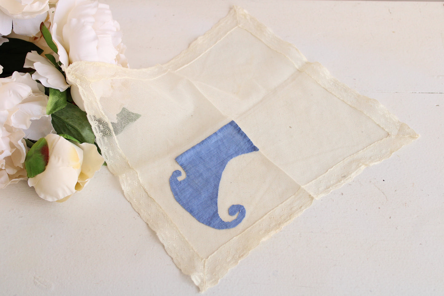 Antique Lace Handkerchief with Blue Applique