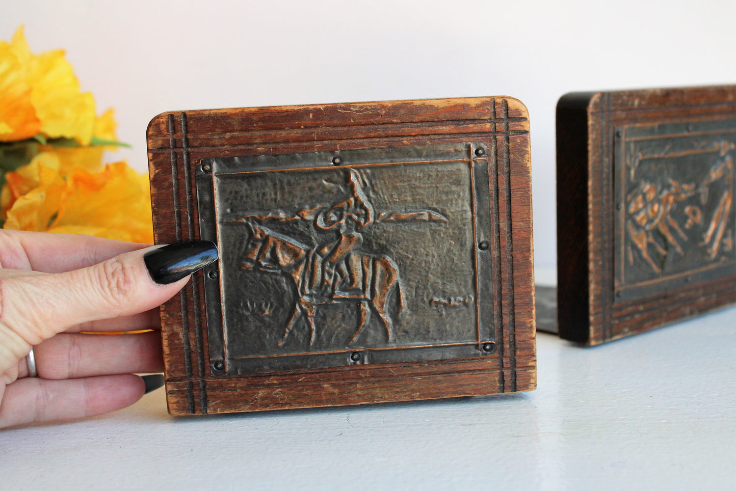 Vintage Wooden Bookends With Pressed Tin Mexican Country Scenes