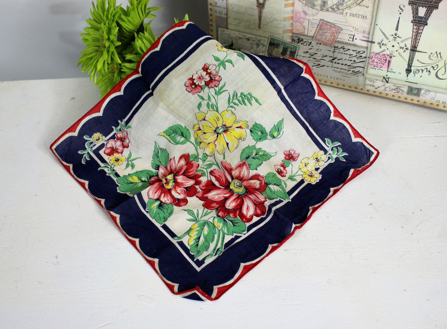 Vintage 1940s Handkerchief In A Blue Yellow And Red Flower Print