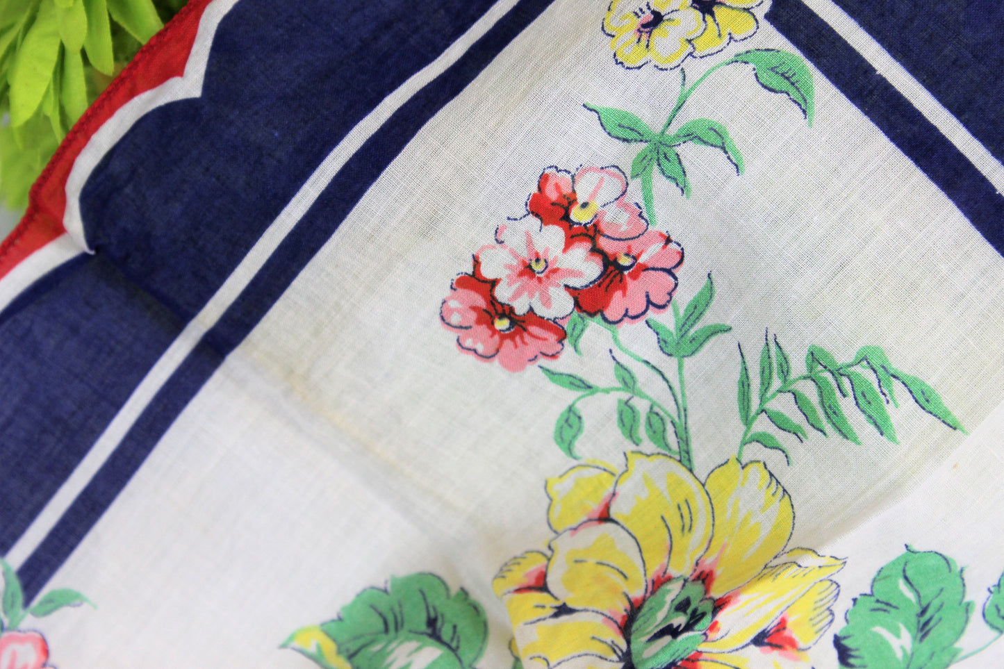 Vintage 1940s Handkerchief In A Blue Yellow And Red Flower Print