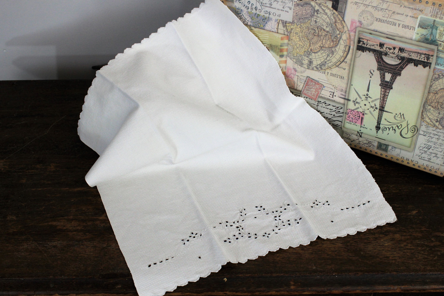 Vintage White Damask Towel With Embroidered Cutwork