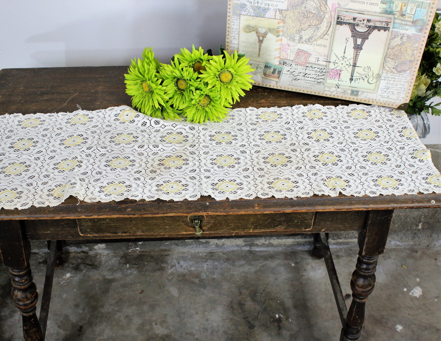 Lace Table Runner In White And Yellow