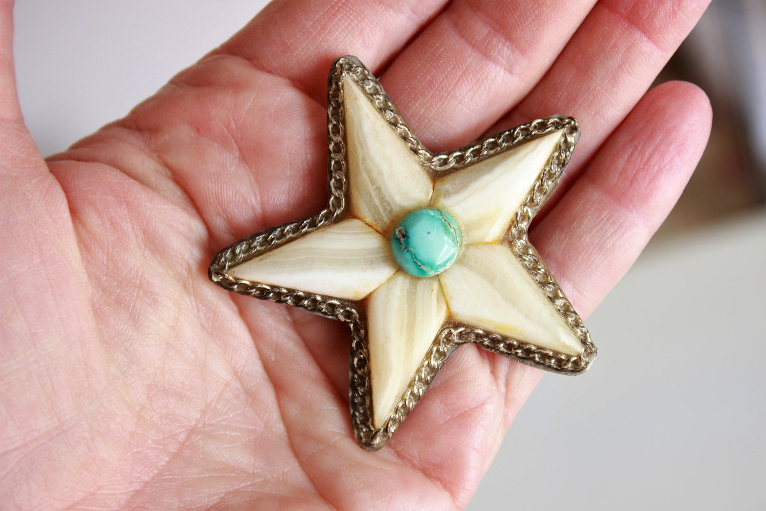 Vintage Star Brooch of Stone and Turquoise