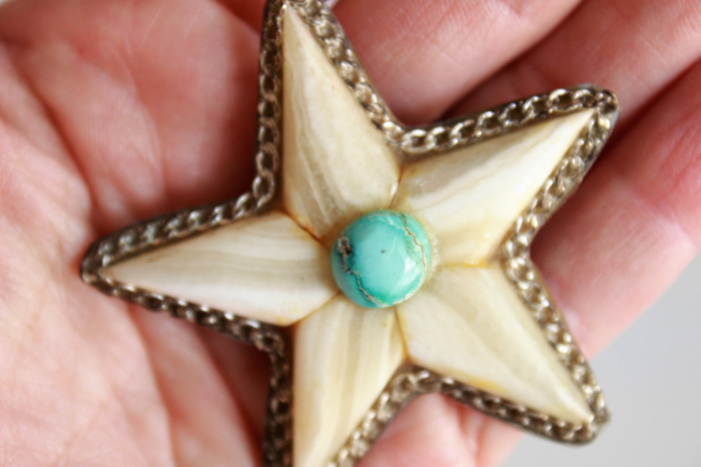 Vintage Star or Starfish Brooch of Stone and Turquoise