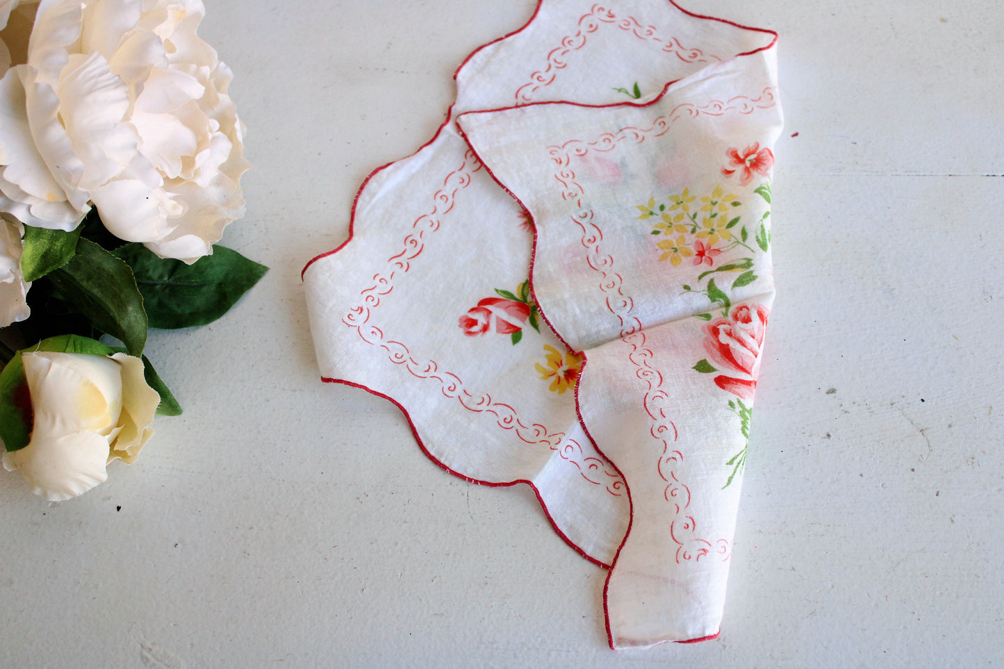 Vintage Orange Rose Print Cotton Handkerchief