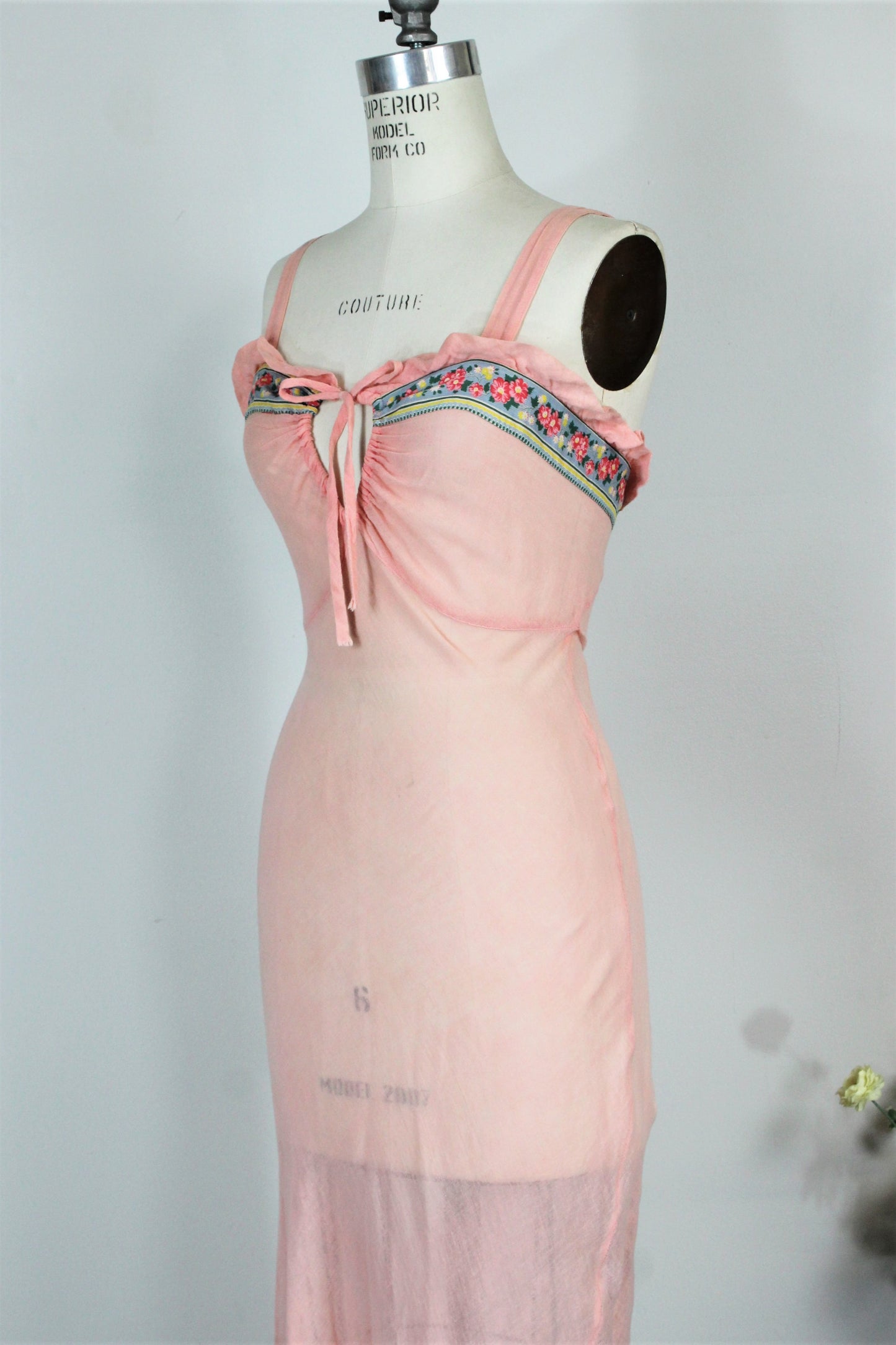 Vintage 1990s Pink Slip Dress In Cotton Gauze With Keyhole Front and Floral Print Trim