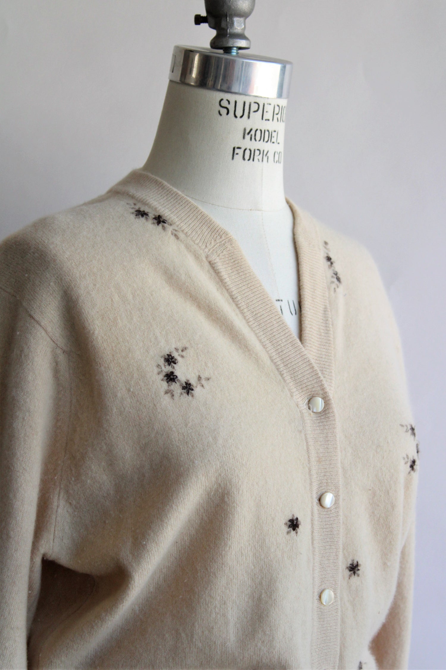 Vintage 1950s Cashmora Sweater With Brown Floral Embroidery
