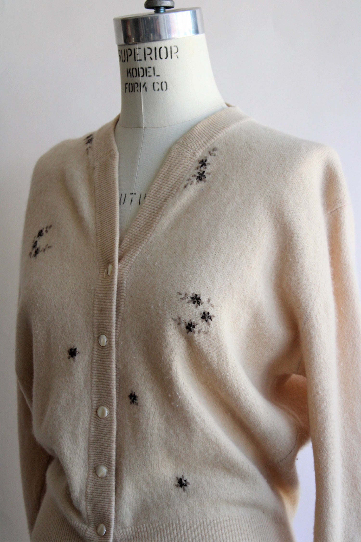 Vintage 1950s Cashmora Sweater With Brown Floral Embroidery