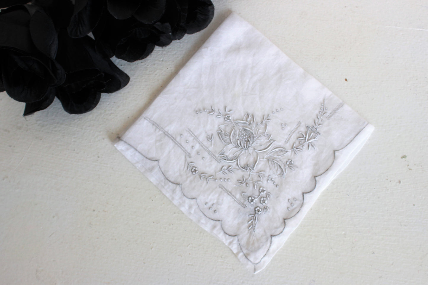 Vintage Handkerchief, Embroidered Gray And White Flowers