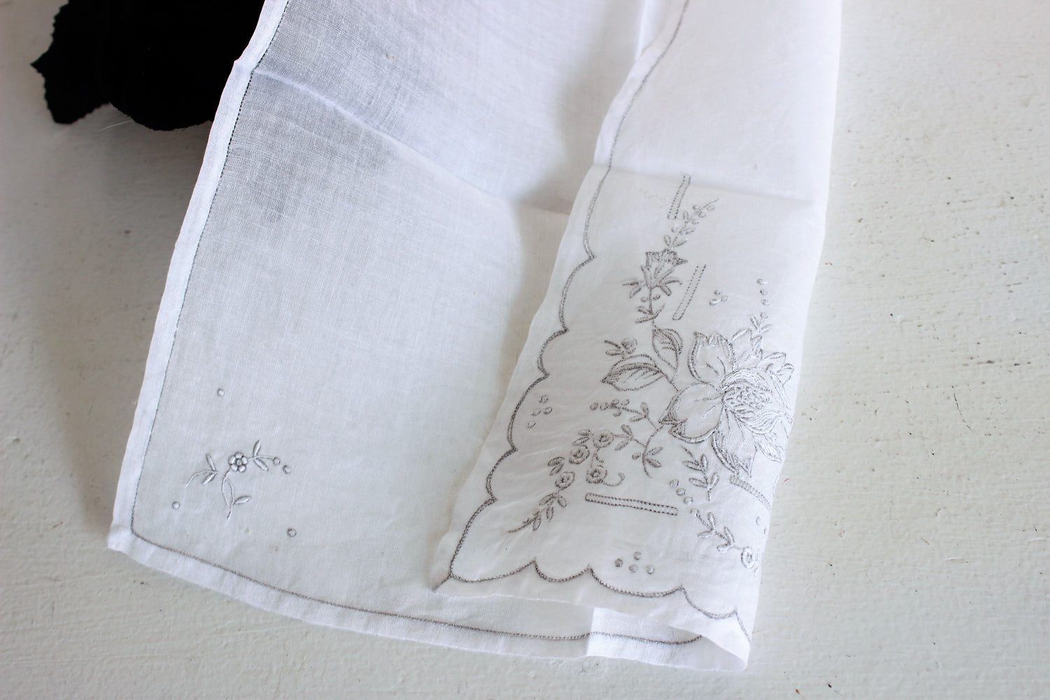 Vintage Handkerchief, Embroidered Gray And White Flowers