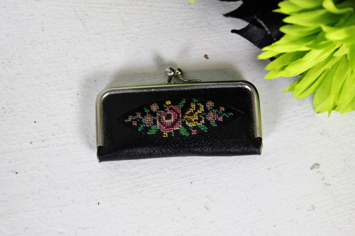 Vintage 1940s 1950s Black Tapestry Manicure Kit Made in Germany / Leather And Needlepoint Petit Point Travel Toiletry Set / Floral Flowers