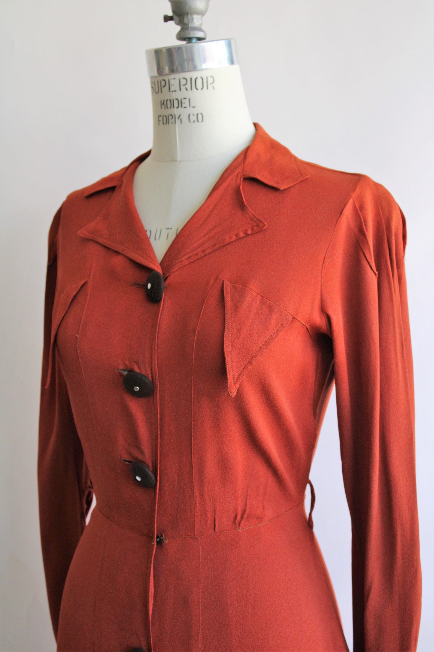 Vintage 1940s Rust Orange Rayon Dress