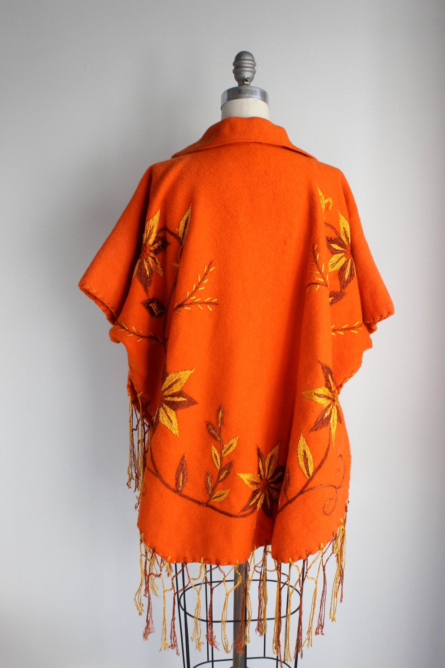 Vintage 1960s Orange Felted Wool Embroidered Poncho-Toadstool Farm Vintage-1960s Poncho,Autumn Color Clothing,Embroidered Sunflowers,Felted Wool,Felted Wool Poncho,Fringe,Fringed Jacket,Orange Poncho,Vintage,Vintage Clothing,Vintage Wool Poncho in Orange