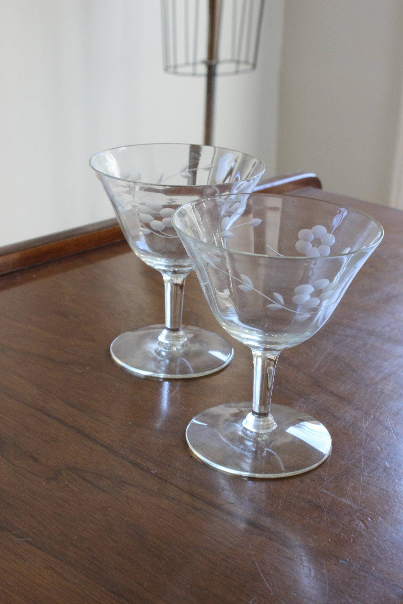 Vintage Cut Glass Cocktail or Champagne Glasses, Pair-Mint Chips Vintage Home Goods-Chapagne Glasses,Collectible Glass,Floral Pattern,Frosted Glass,Patterned Glasses,Scalloped,Vintage,Vintage Cocktail Glasses,Vintage Glass