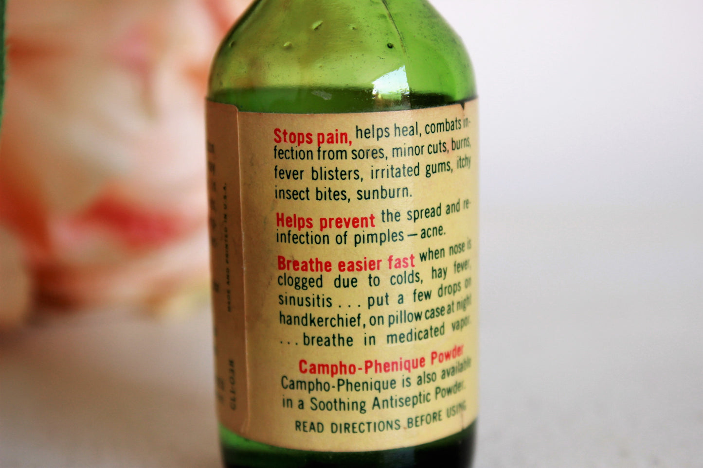 Vintage 1940s 1950s Campho-Phenique Liquid Antiseptic in Green Glass Bottle