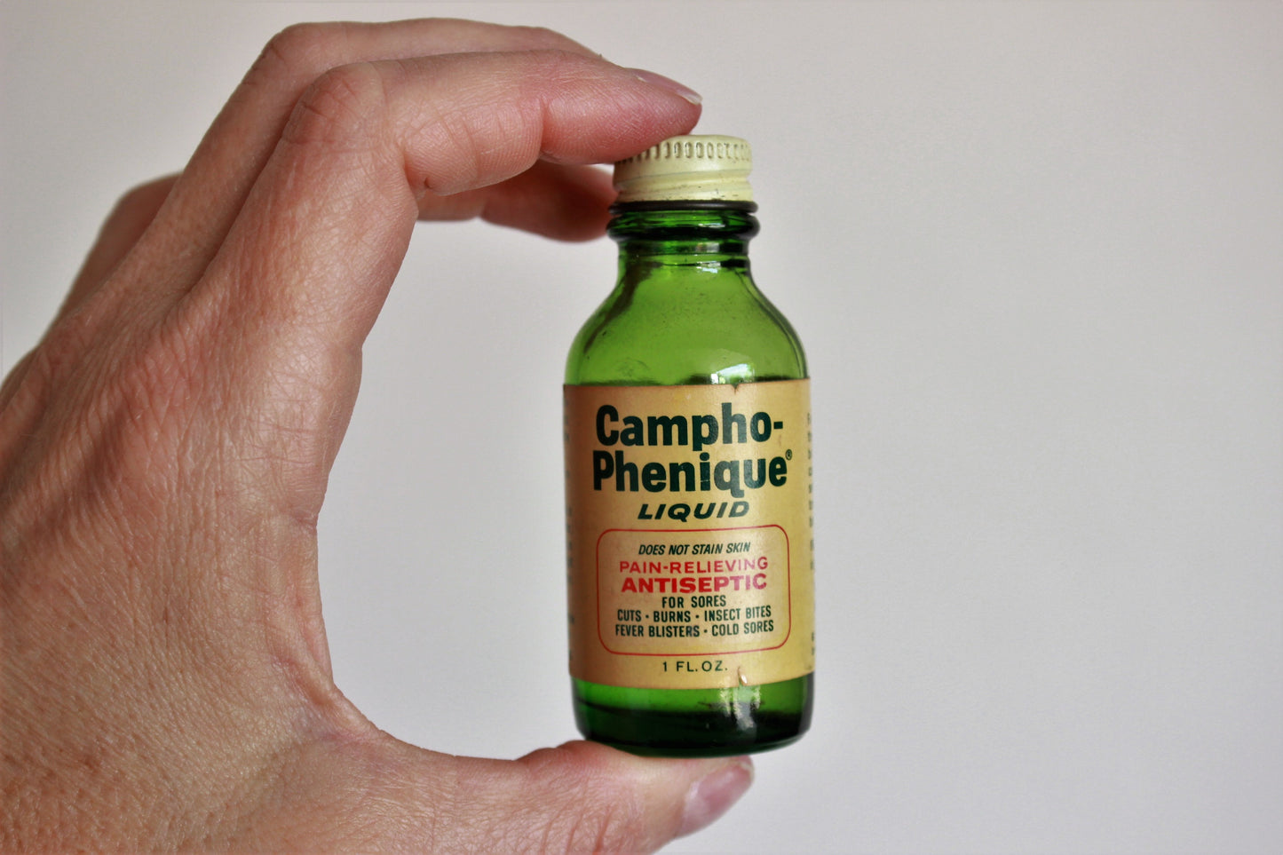 Vintage 1940s 1950s Campho-Phenique Liquid Antiseptic in Green Glass Bottle
