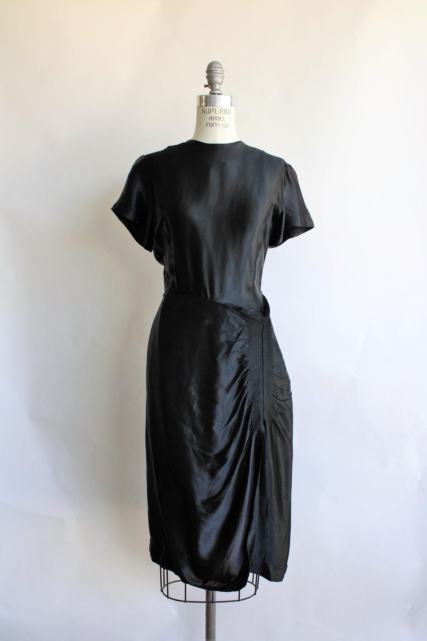 Vintage 1950s Black Satin Cocktail Dress With Smocking