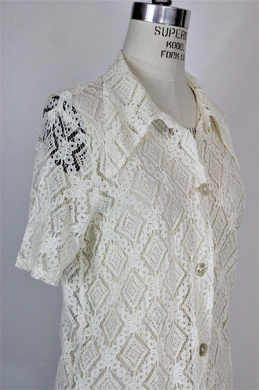 Vintage 1970s White Lace Blouse With Short Sleeves