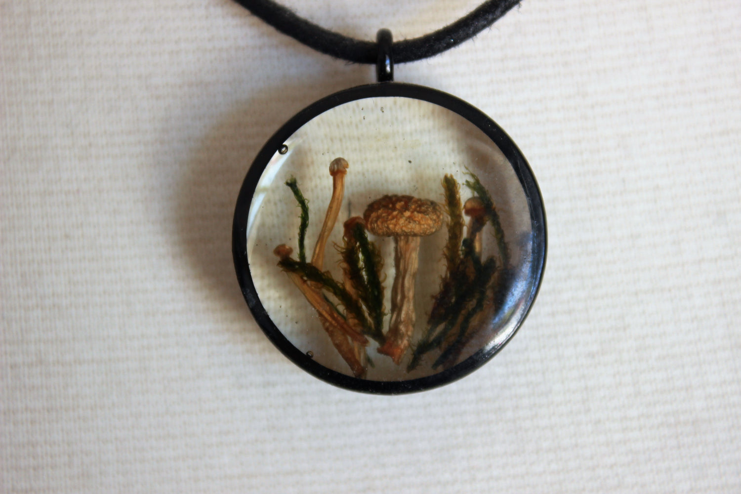 Dried Toadstool and Moss Necklace in Resin