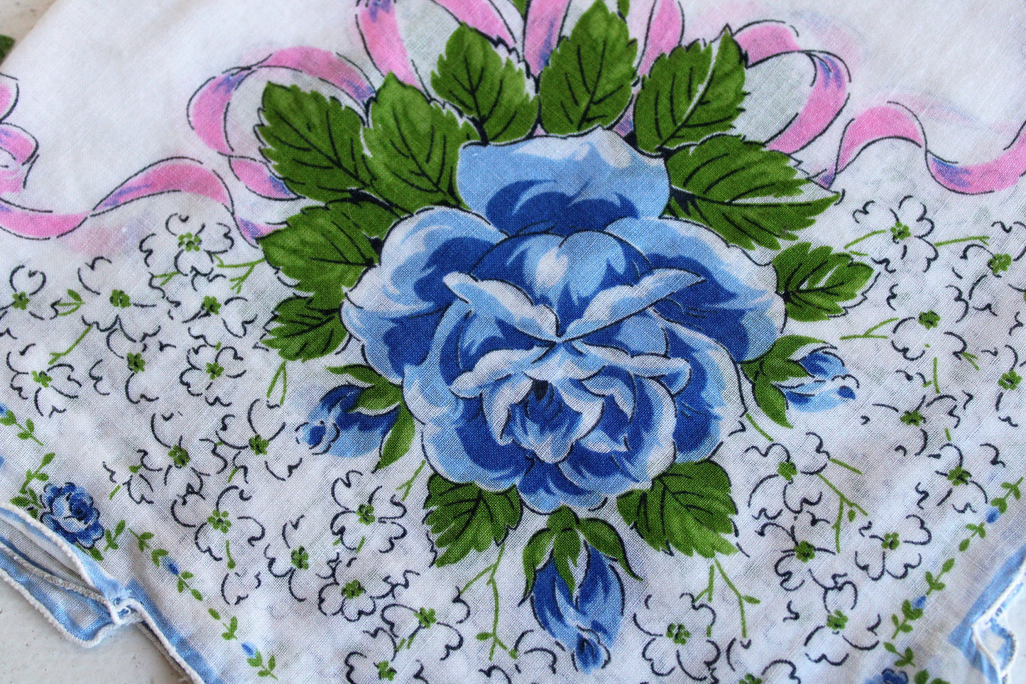 Vintage Blue Roses Cotton Handkerchief