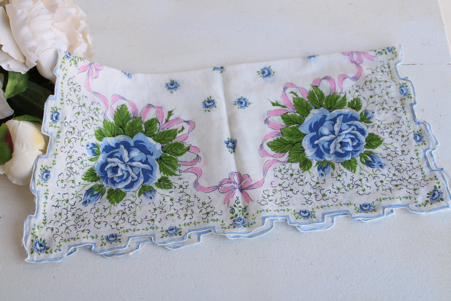 Vintage Blue Roses Cotton Handkerchief