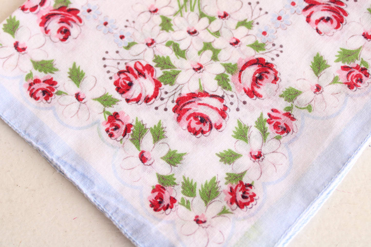 Vintage Floral Cotton Handkerchief with Pale BLue