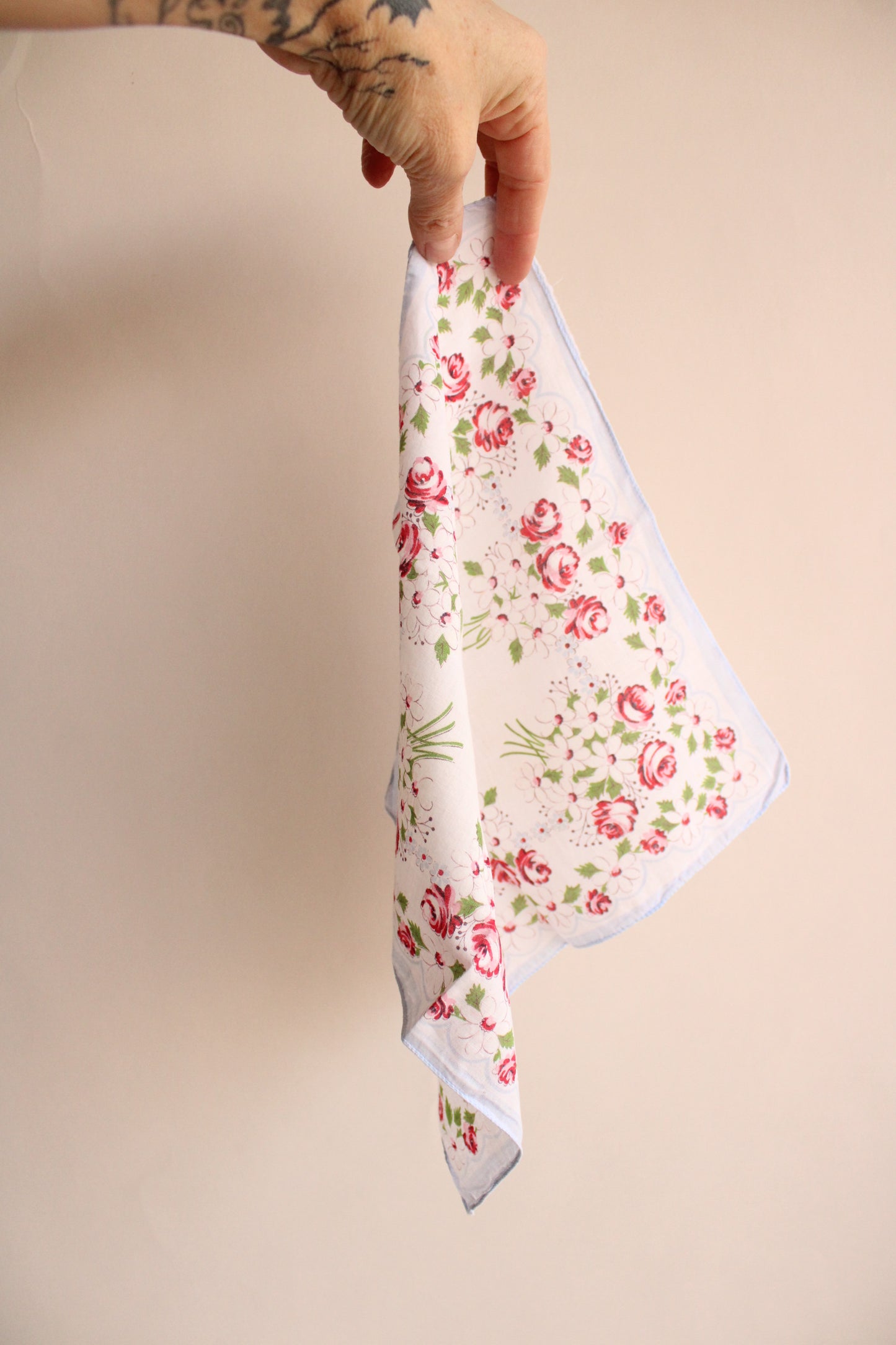 Vintage Floral Cotton Handkerchief with Pale BLue